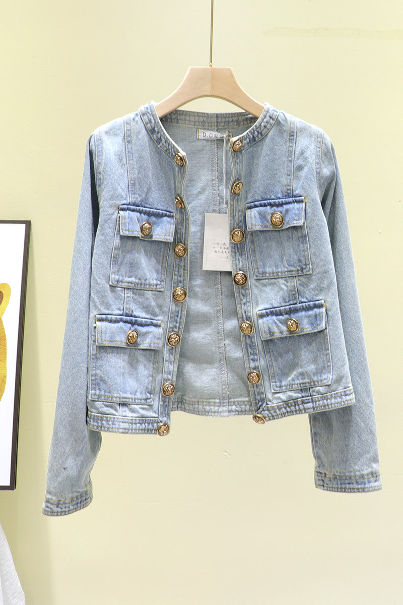 Retro Washed Blue Slim Fit Short Denim Jacket