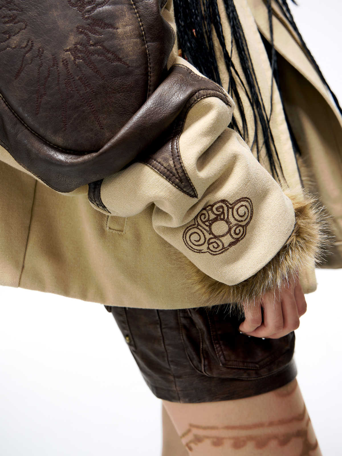 Totem-inspired Leather-and-cotton Patchwork Jacket