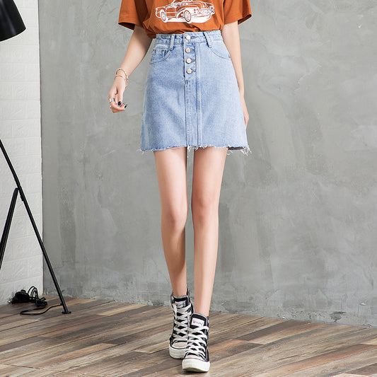 Women New Korean Style High Waist Breasted A-line Skirt