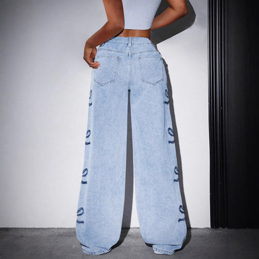 Printede lige-benede vide jeans