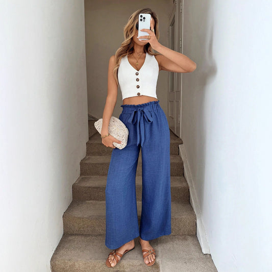 Bow-tie Waistband Casual Resort Flowy Pants
