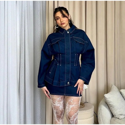 Women's Retro Washed Lapel And Waist Tight Denim Coat