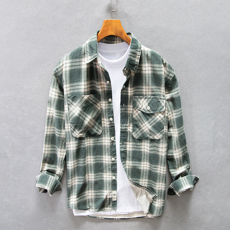 High-end Pure Cotton Trendy Plaid Long-sleeved Shirt Men's Casual Loose Shirt Thickened Coat