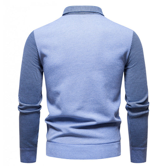 Autumn And Winter New Men's Long-sleeved Fake Two-piece Fashion Fleece-lined Striped Shirt