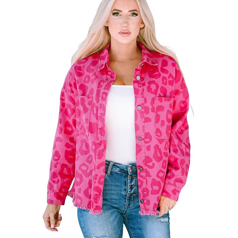 Leopard-Print Denim Fashion Button-Up Jacket For Women