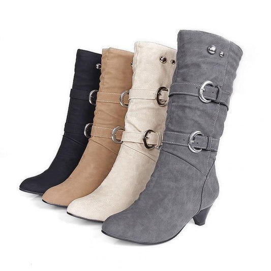 Soft Leather Mid-tube Wedge Heel Soft Leather Belt Buckle Martin Boots