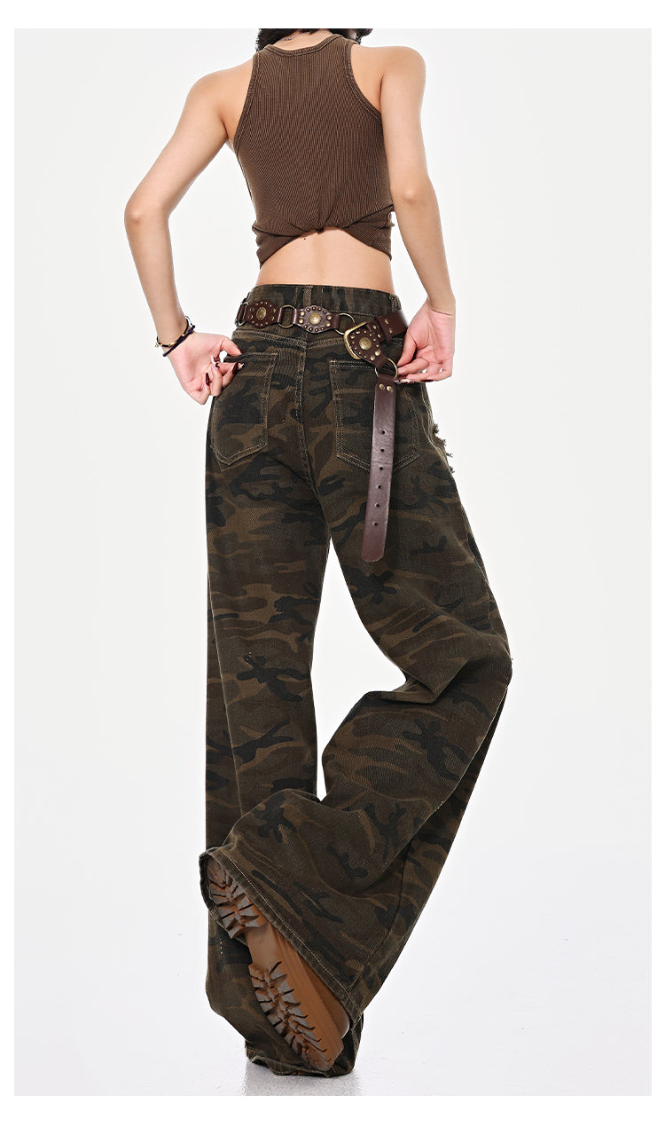 High Street Ripped Brushed Camouflage Jeans