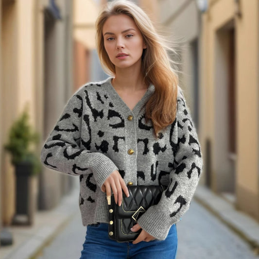 Women's Leopard Print Short Sweater V-neck Casual Knitted Cardigan Top