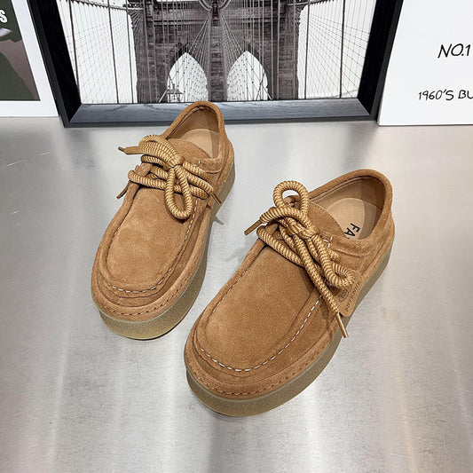 New Thickness Lace Up Casual Retro Authentic Leather British Style Women's Shoes