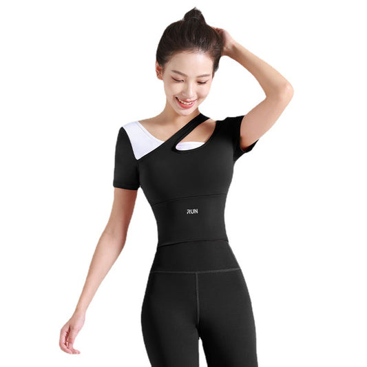 Peach Slanted Shoulder Color Matching Yoga Short-sleeved