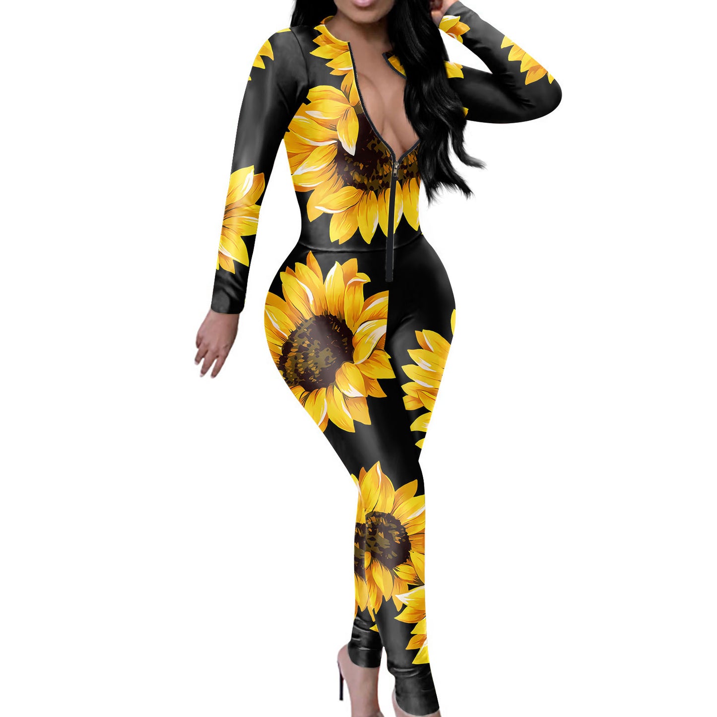 Women's Sunflower Printed Tight V-neck Jumpsuit