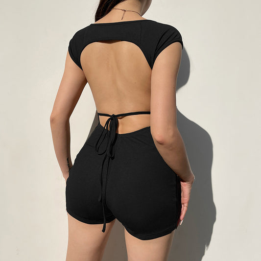 Solid-color Cutout Backless Strap Jumpsuit