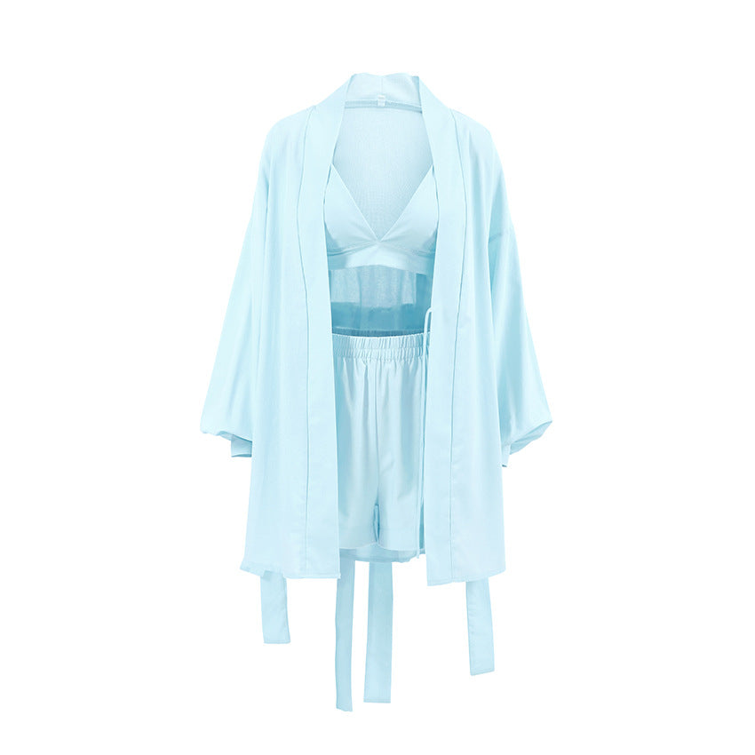 Long-sleeve Robe Underwear And Shorts Three-Piece Set Womens Loungewear