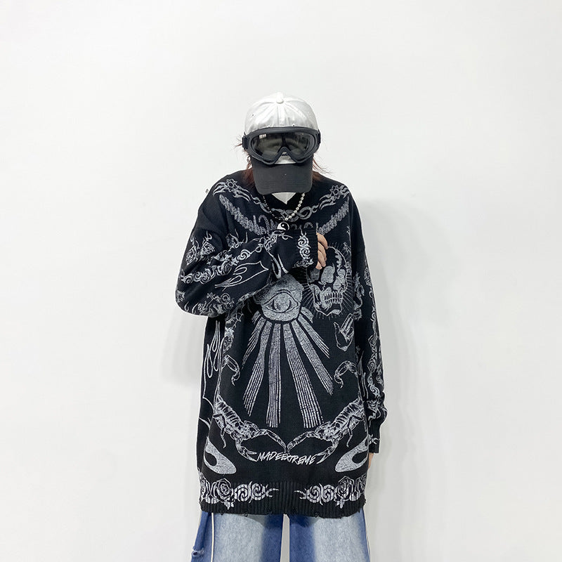 Dark Street Culture Skull Print Knitted Sweater For Fall Winter