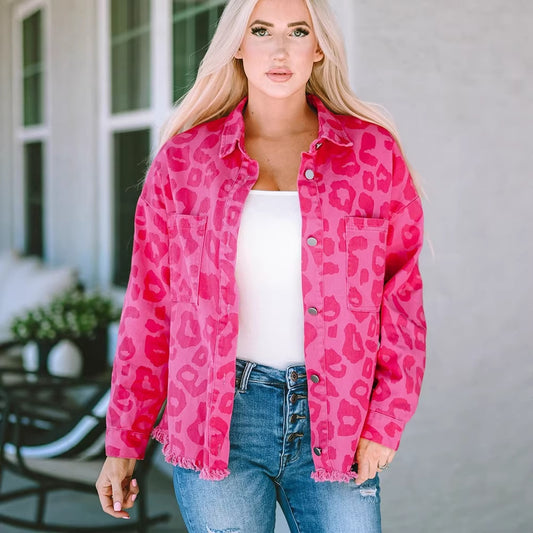 Leopard-Print Denim Fashion Button-Up Jacket For Women