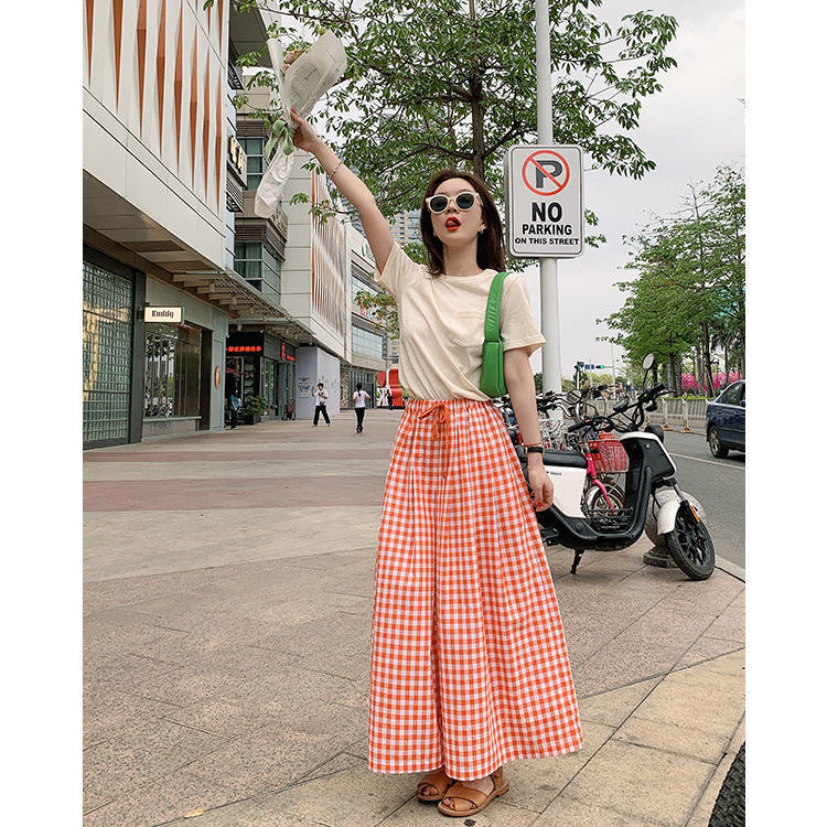 Summer Plaid Wide-leg Cotton And Linen Culottes Elastic High Waist Slimming