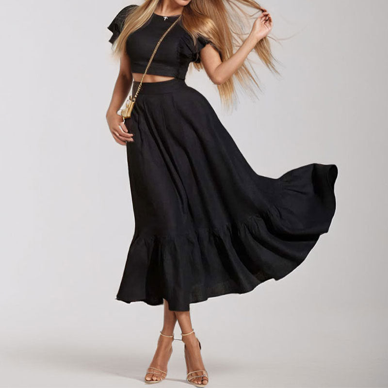Lotus Leaf Sleeve Short Top Big Swing Long Skirt Two-piece Set Skirt
