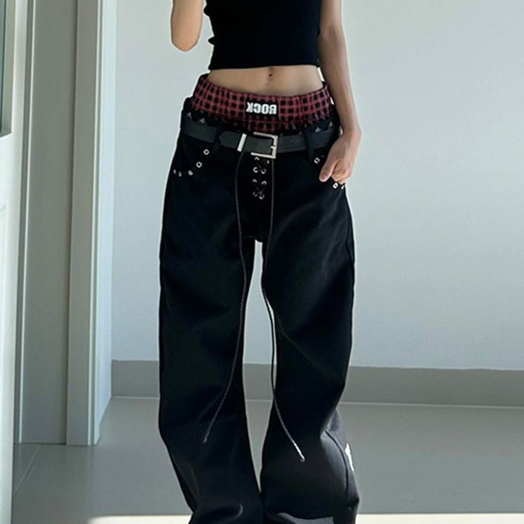 Retro Drawstring Babe Color-blocking Double Waistband Patchwork Print Curved Pants