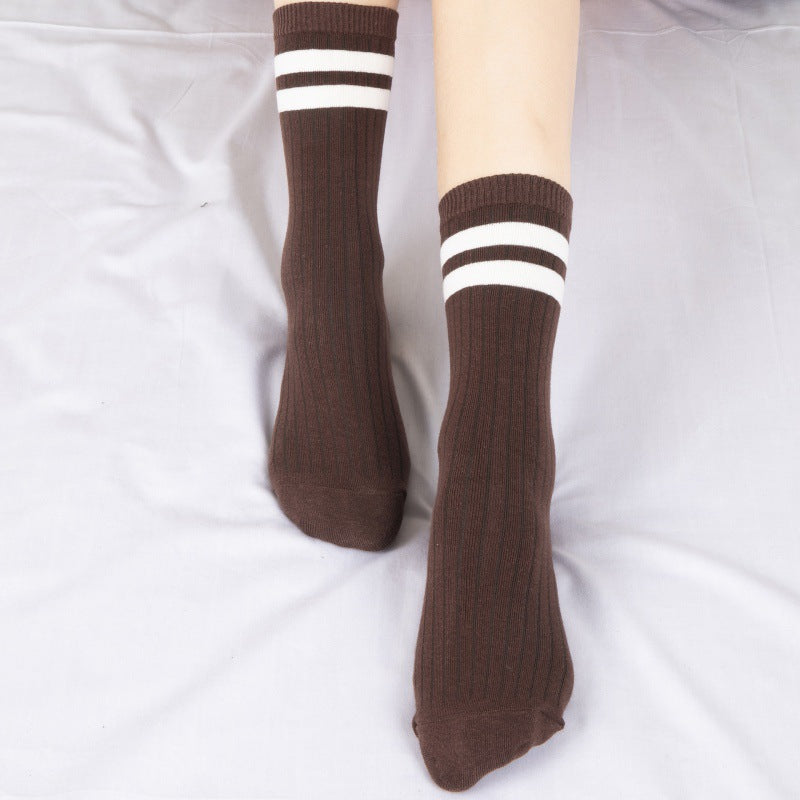 Ladies Middle School Style Two Bars Piled Socks