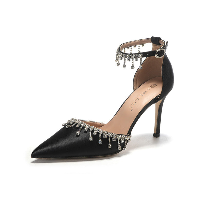 White Satin Strap Tassel Chain High Heels