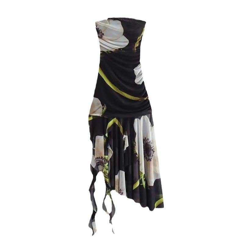 European And American Style Summer Womens New Silk Mesh Printed Tube Dress
