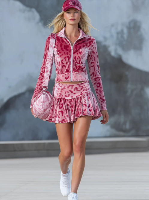 Pink Leopard Print Jacket And Velvet Skirt Set
