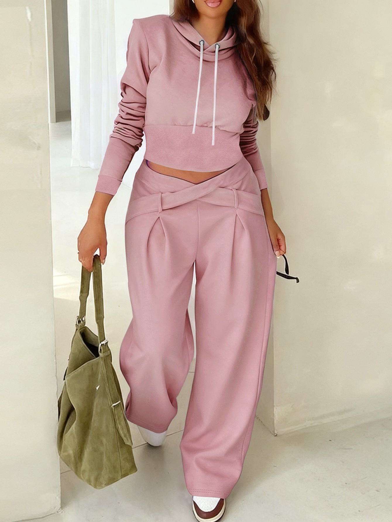 Hoodie With A Crossover Waist Design And Matching Solid-color Pants A Two-piece Set