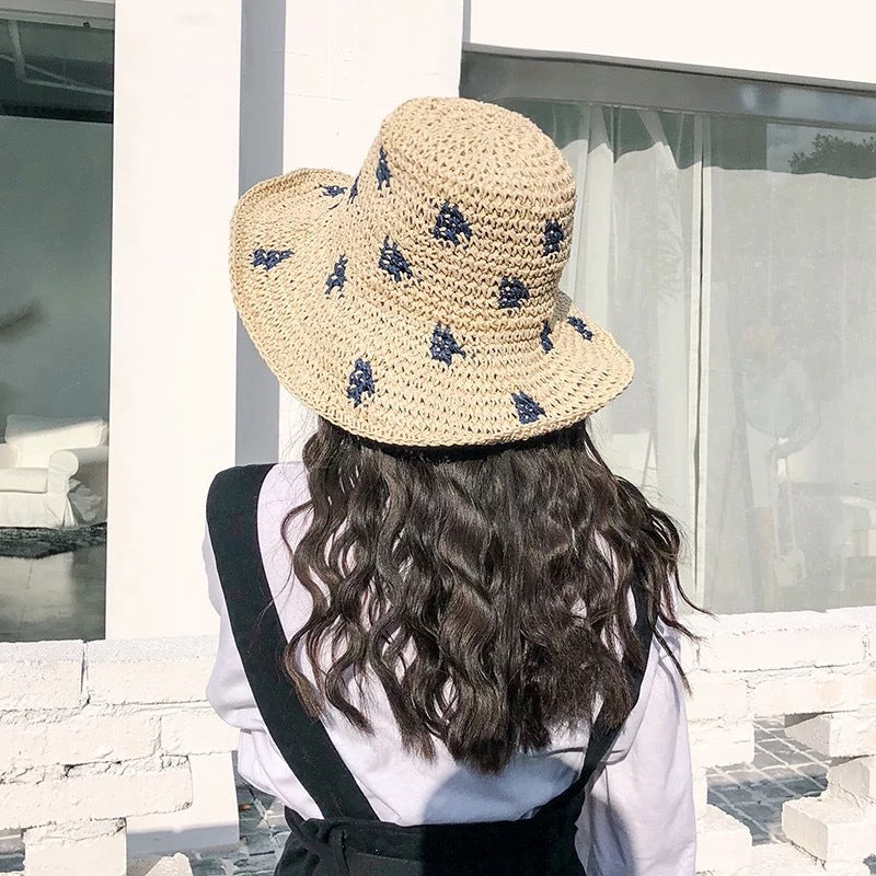 Sunshade Straw Hat Hand Knit Crochet Feather Polka Dot