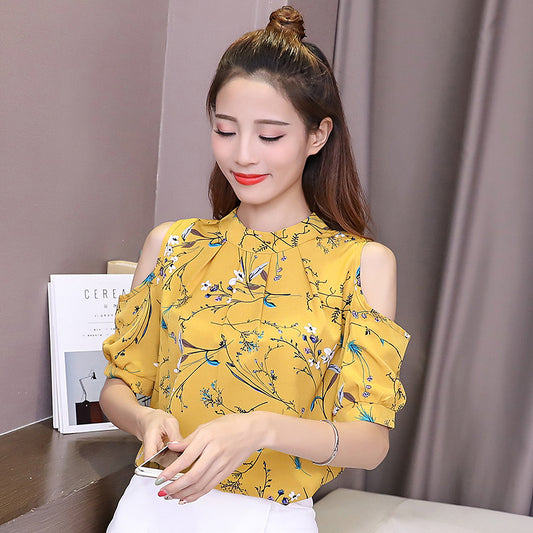 Summer Off-the-shoulder Top Half Sleeve Floral Chiffon Shirt Short Sleeve