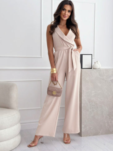 Women's Sleeveless Lapel-collar Wide-leg Jumpsuit With Belt And Pockets