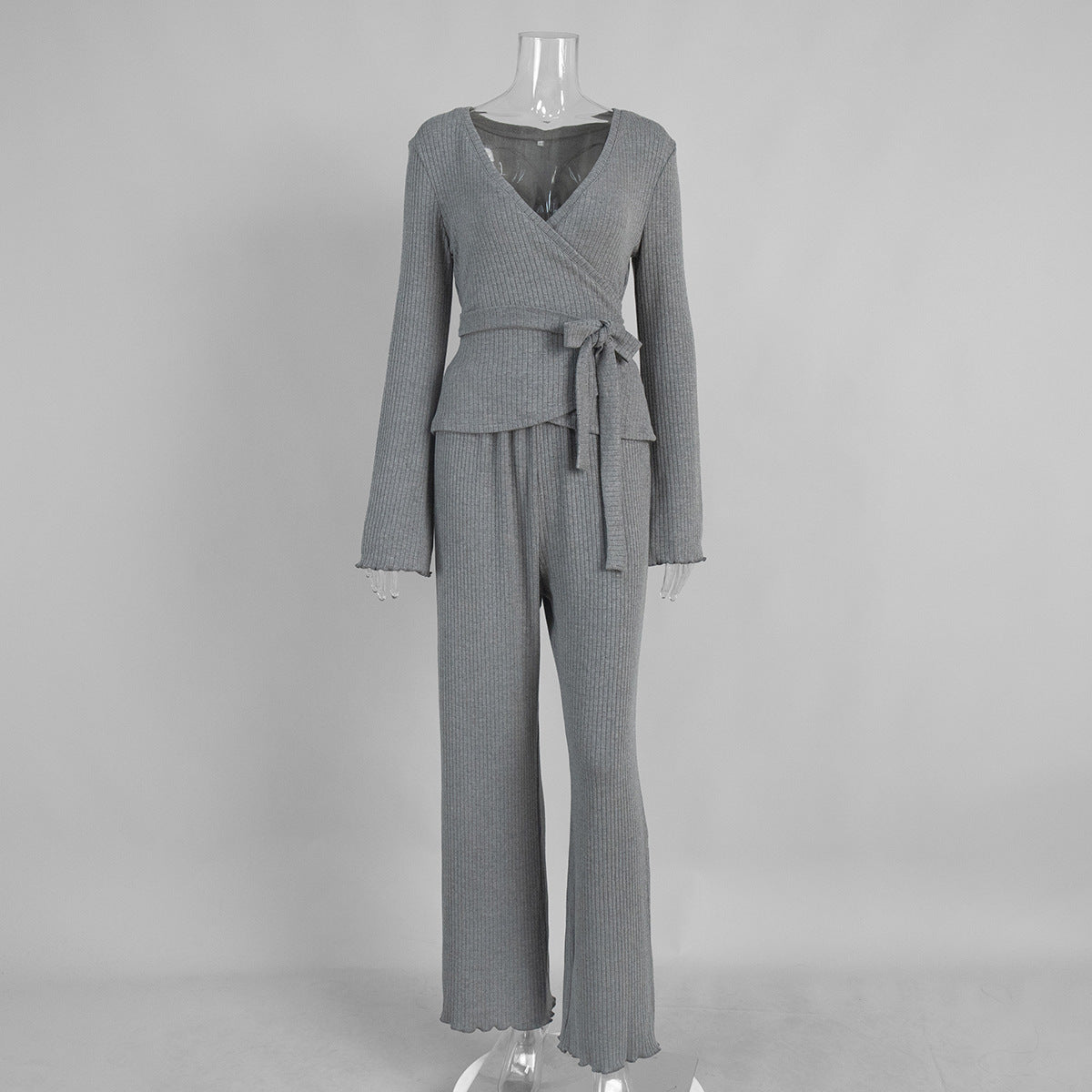 V-neck Knitted Ribbed Lace-up Long-sleeve Pants Two-piece Set