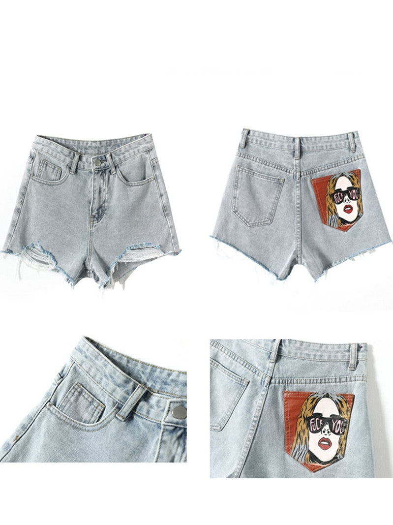 High Waist Ripped Denim Shorts Women's Personality Print