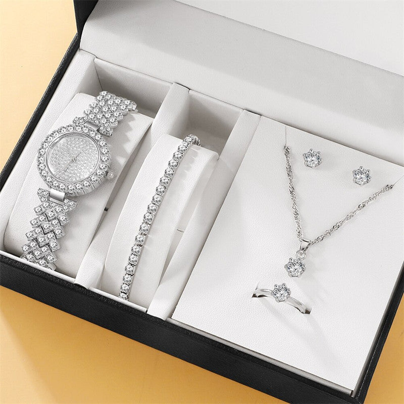 Diamond Bracelet Necklace Stud Ring Watch Jewelry Set 5pcsset