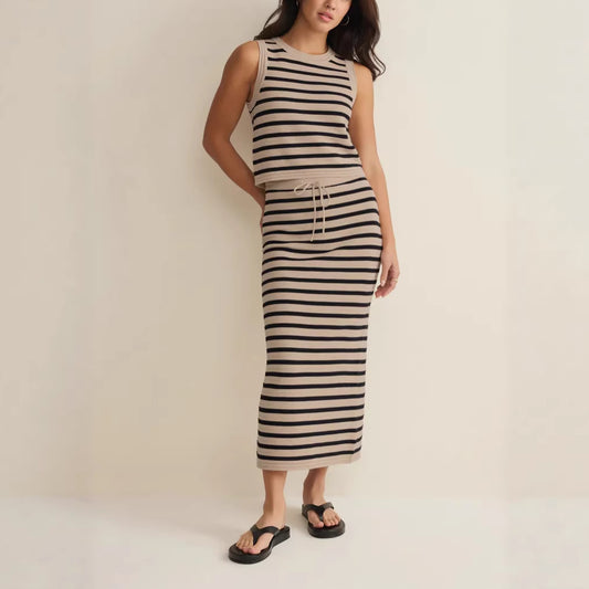 Striped Knitted Sleeveless Top And Slit Midi Skirt Set