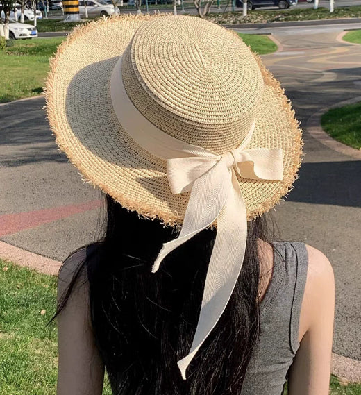 Lace Bow Pearl Big Brim Face-looking Sun-proof And Breathable Sun Fisherman Hat