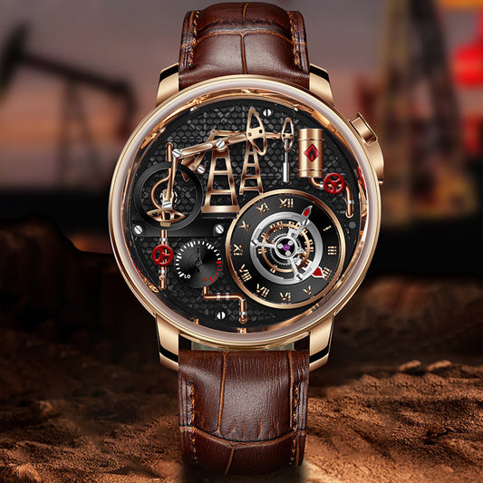 Mens Watch With Oil Pump Movement Stainless Steel Case And Leather Strap