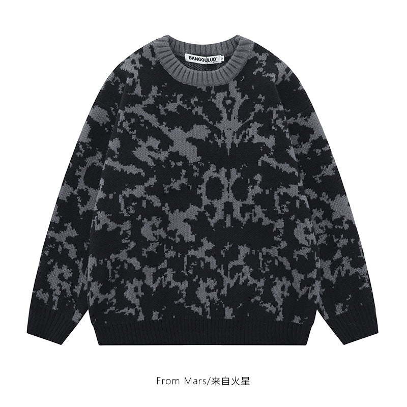 Azure And Other Smoky Rain European And American Dark Contrasting Color Jacquard Knitwear Men's And Women's Round Neck Sweater