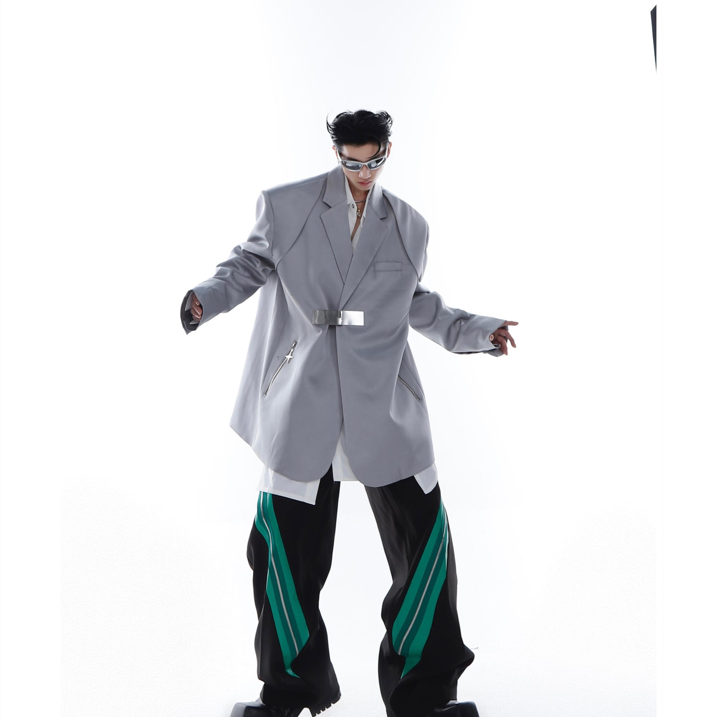 Design Sense Padded Shoulder Suit Jacket Zipper Stitching Ice Silk Fabric Suit