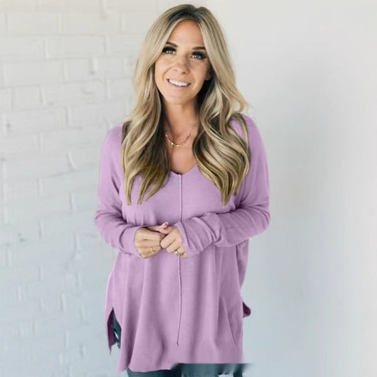 Women's Design Sewing Front Sweater Loose Knitwear Long Sleeve Top
