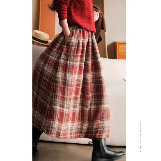 Thickened Woolen Elastic Waist Plaid Skirt Retro Artistic A Line Skirt For Women