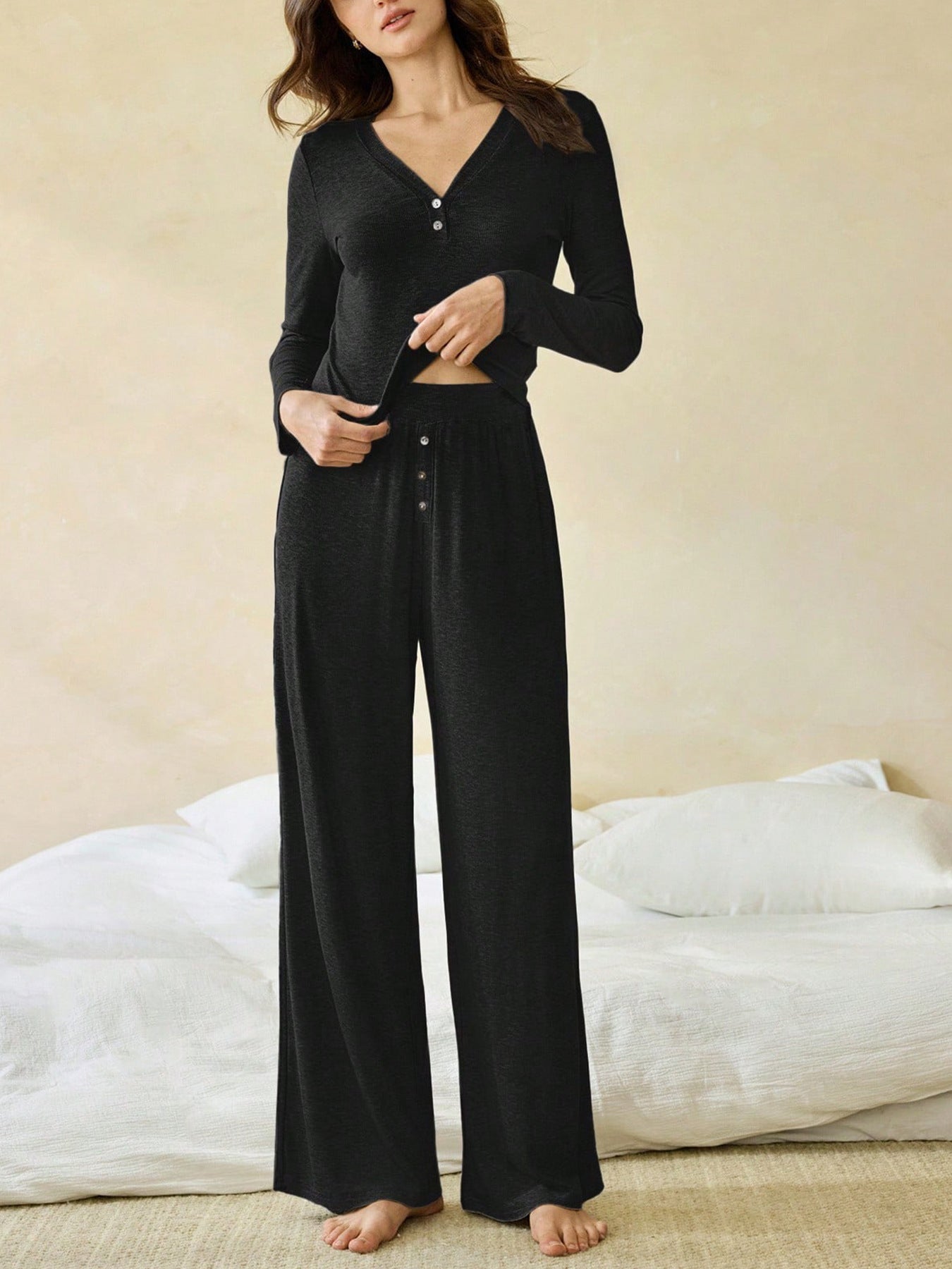 Casual Color Cotton Long-Sleeve Top And Pants Two-Piece Set
