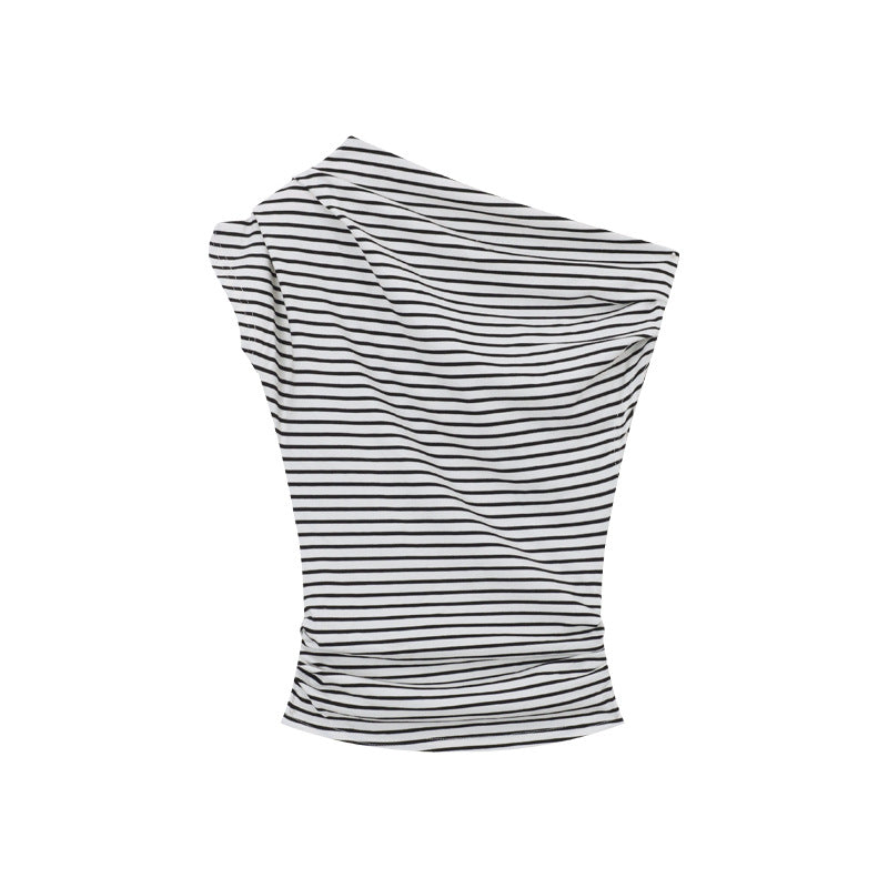 New Hot Girl Slim Fit Slimming And Shoulder Hollow Striped Student Top