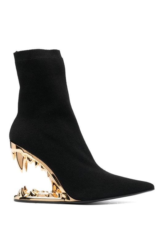 Metal Hollow Fangtooth Giant Tooth Tiger Tooth Profiled Heel Knitted Elastic Bootie