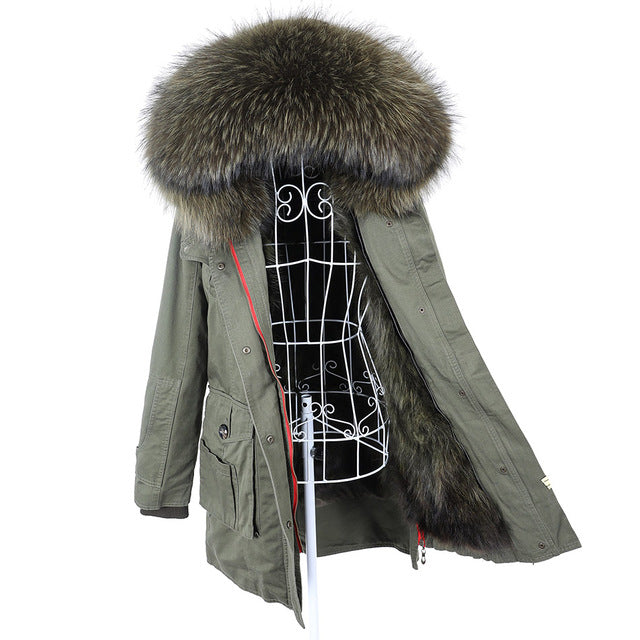 New Big Natural Real Raccoon Fur Collar Coat Luxu