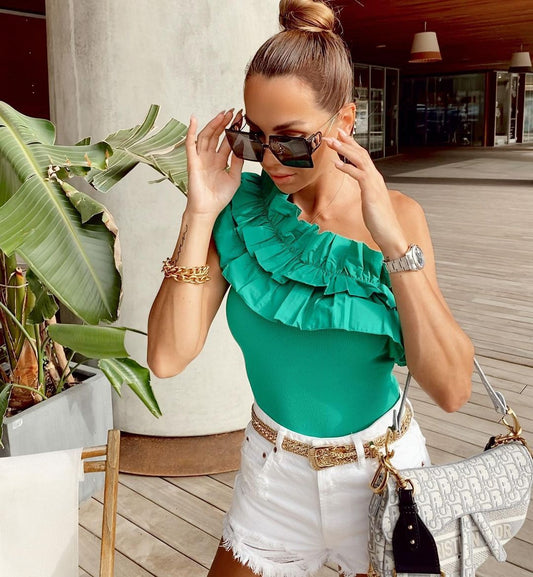 French One-shoulder Green Ruffle Shorts Jumpsuit