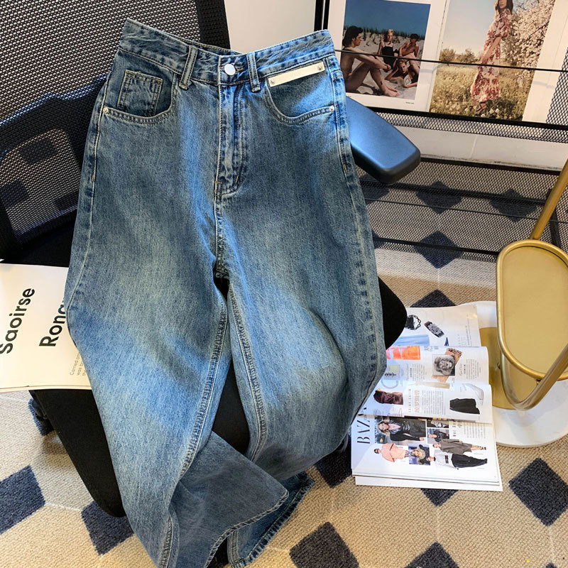 Dame højtaljede mopping-jeans løse vidde ben lige bukser