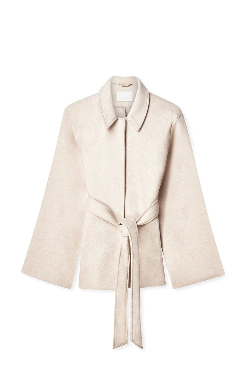 Solid Color Lapel Long Sleeve Button Up Top With A Belt