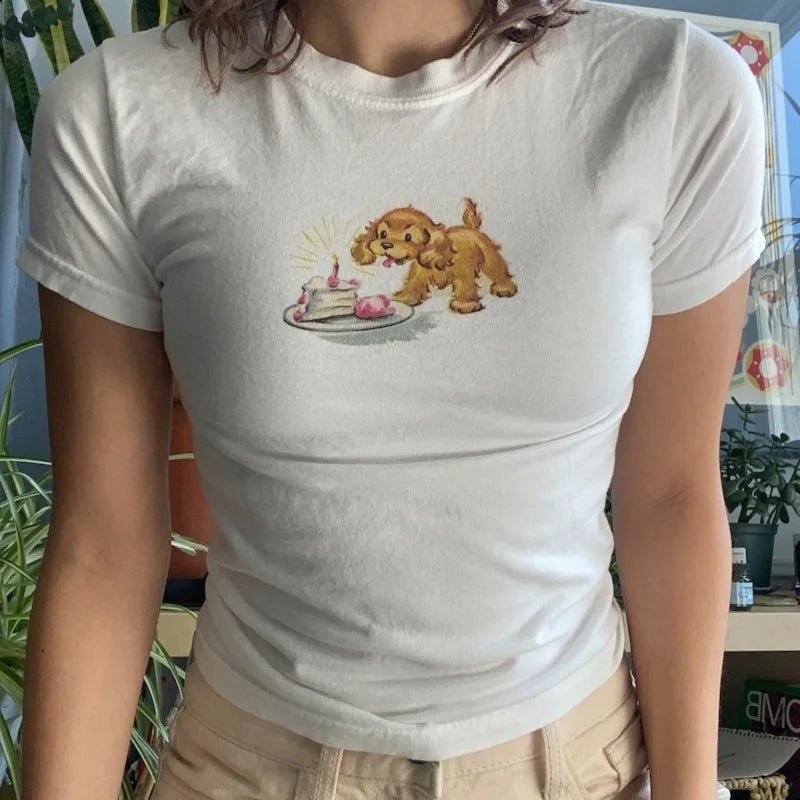 Cute Puppy Printed Slim Top Cropped Round Neck Short Sleeve Pullover
