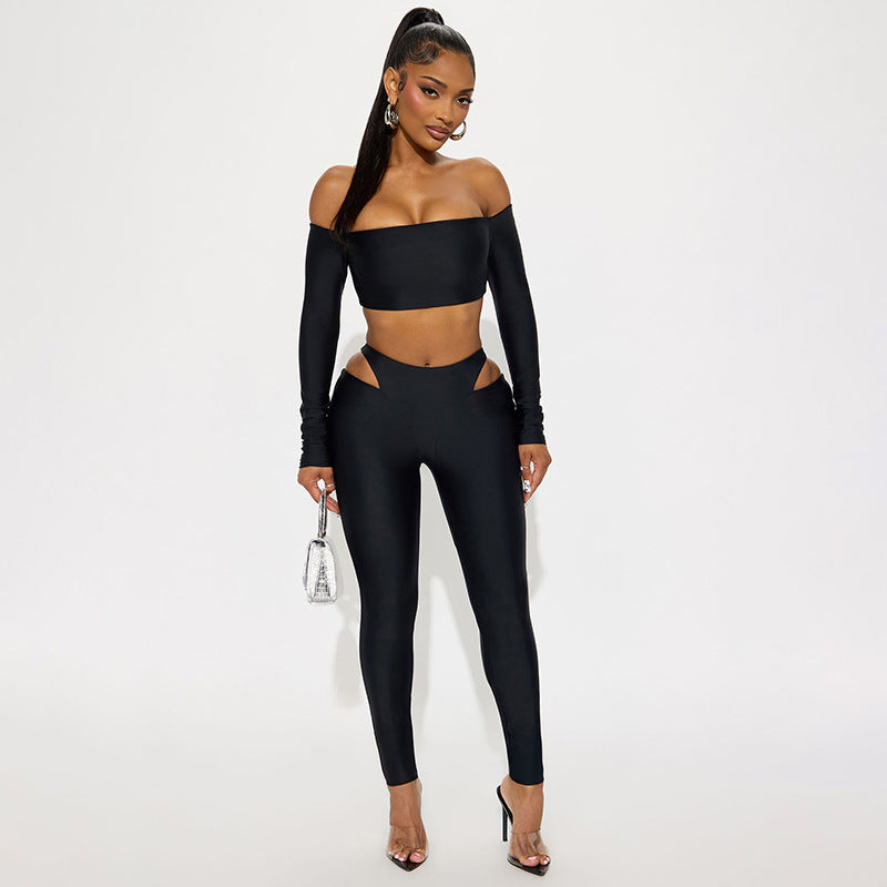 Spicy Girl Off-shoulder Long-sleeve Crop Top And Hollow-out Tight Pants Set