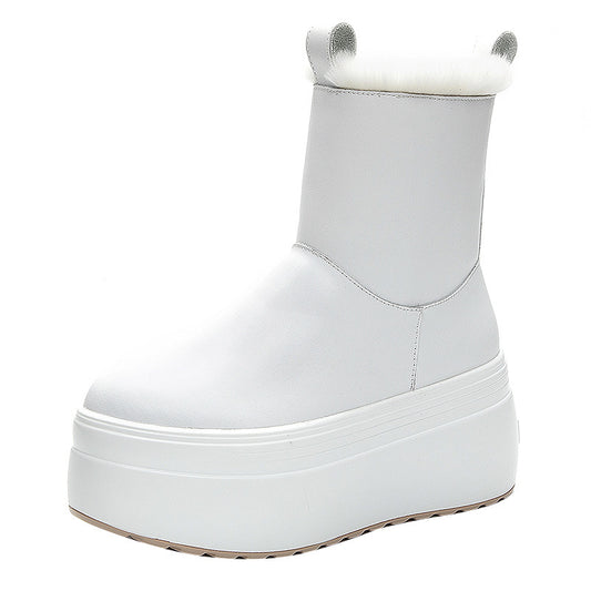 Short Boots Women's Plus Velvet Real Fur Warm Snow Cotton Thick Bottom Muffin Leather Medium Tube Simple